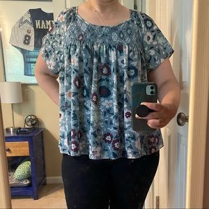 Loft Blue Smocked Shirt Sleeve Flowy Top M EUC
